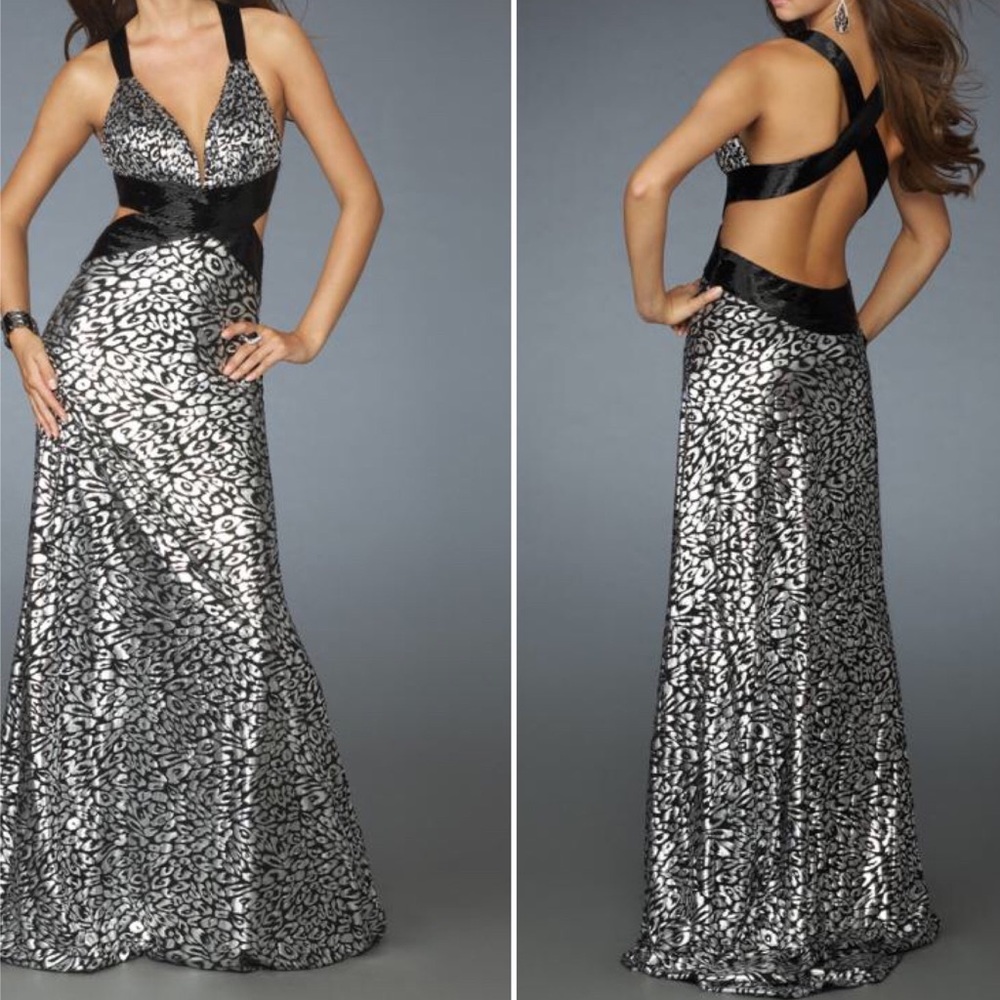 La Femme Backless Prom Dress Black Silver 14734